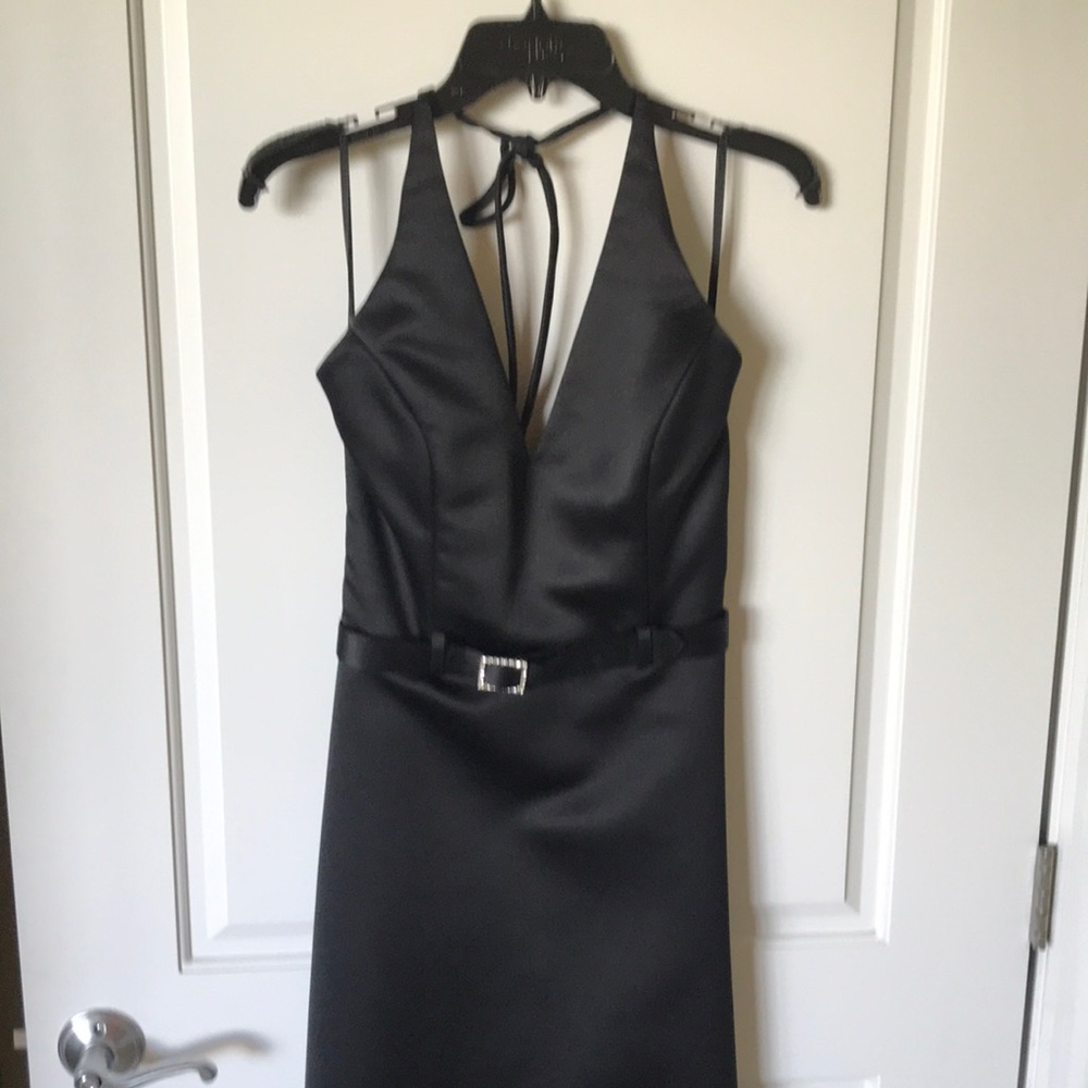 Scott McClintock long floor length dress, all black with rhinestone black belt